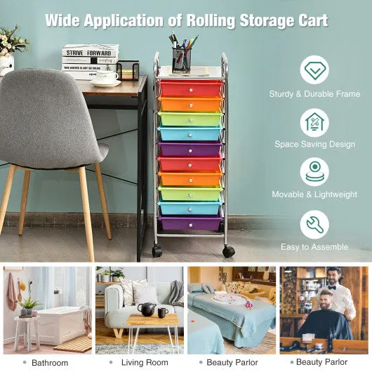 10 Drawer Rolling Storage Cart Organizer-Multicolor