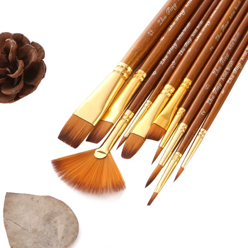 10 Wooden Poles Watercolor Brush Pen  Nylon Hair Brush