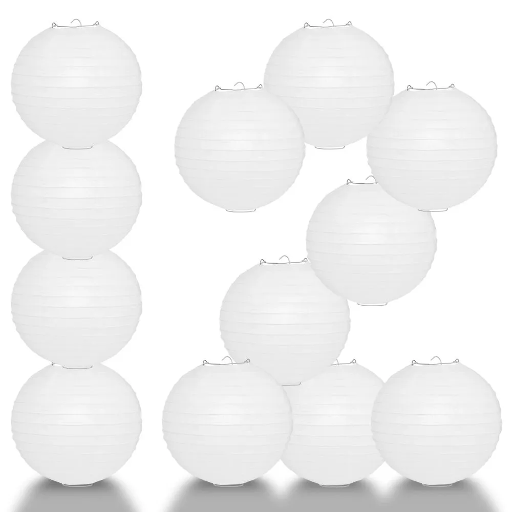 12 PACK | White Even Ribbing Round Paper Lantern, Hanging Combo Set