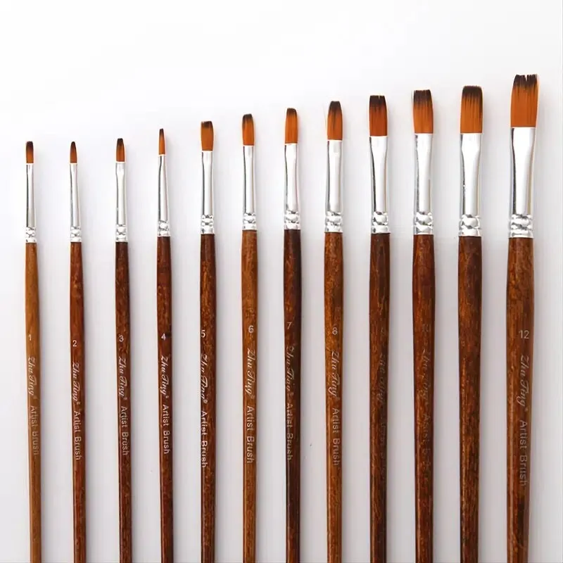 12pcs Different Sizes Flat Front Detail Paint Brush For Watercolor