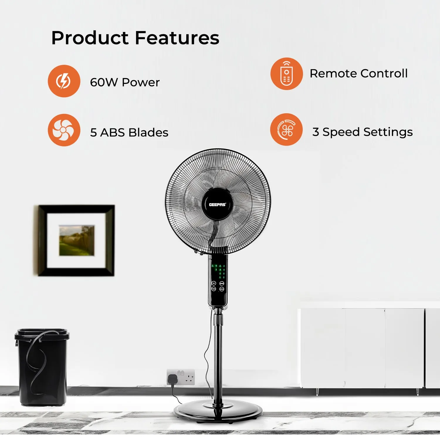 16" Portable Black Remote Controlled Pedestal Fan