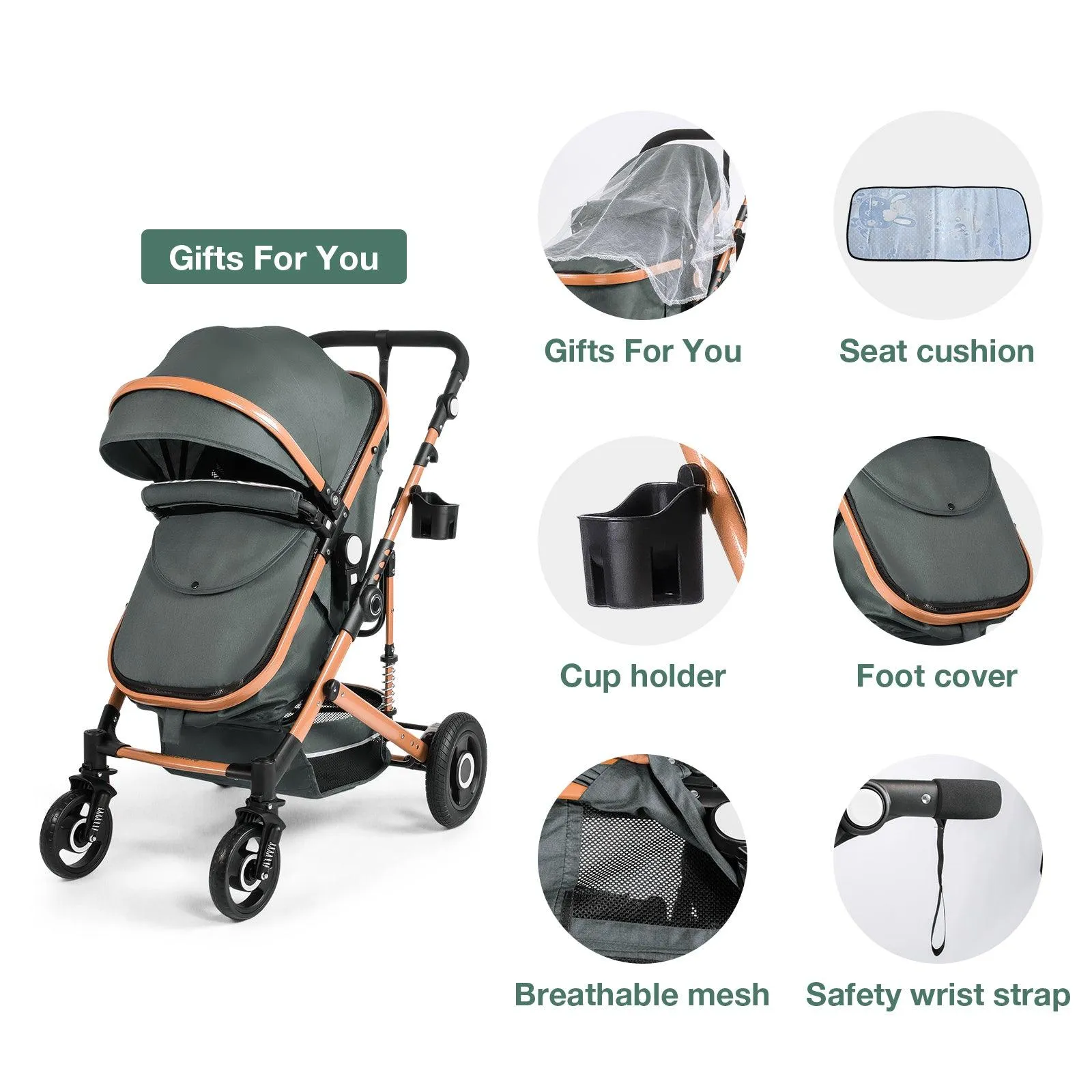 2 in 1 Baby Stroller Newborn Reversible Bassinet Pram Foldable Pushchair with Adjustable Canopy, Green