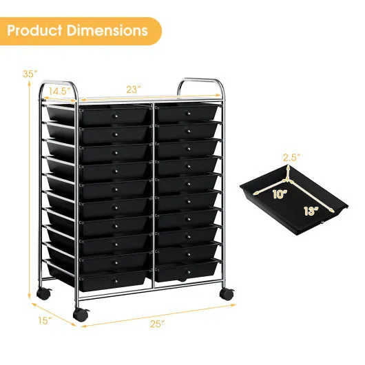 20 Drawers Storage Rolling Cart Studio Organizer-Black