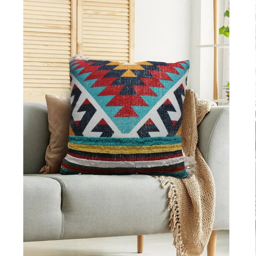 24 x 24 Square Handwoven Cotton Dhurrie Accent Throw Pillow, Aztec Kilim Pattern, Tassels, Set of 2, Multicolor By The Urban Port