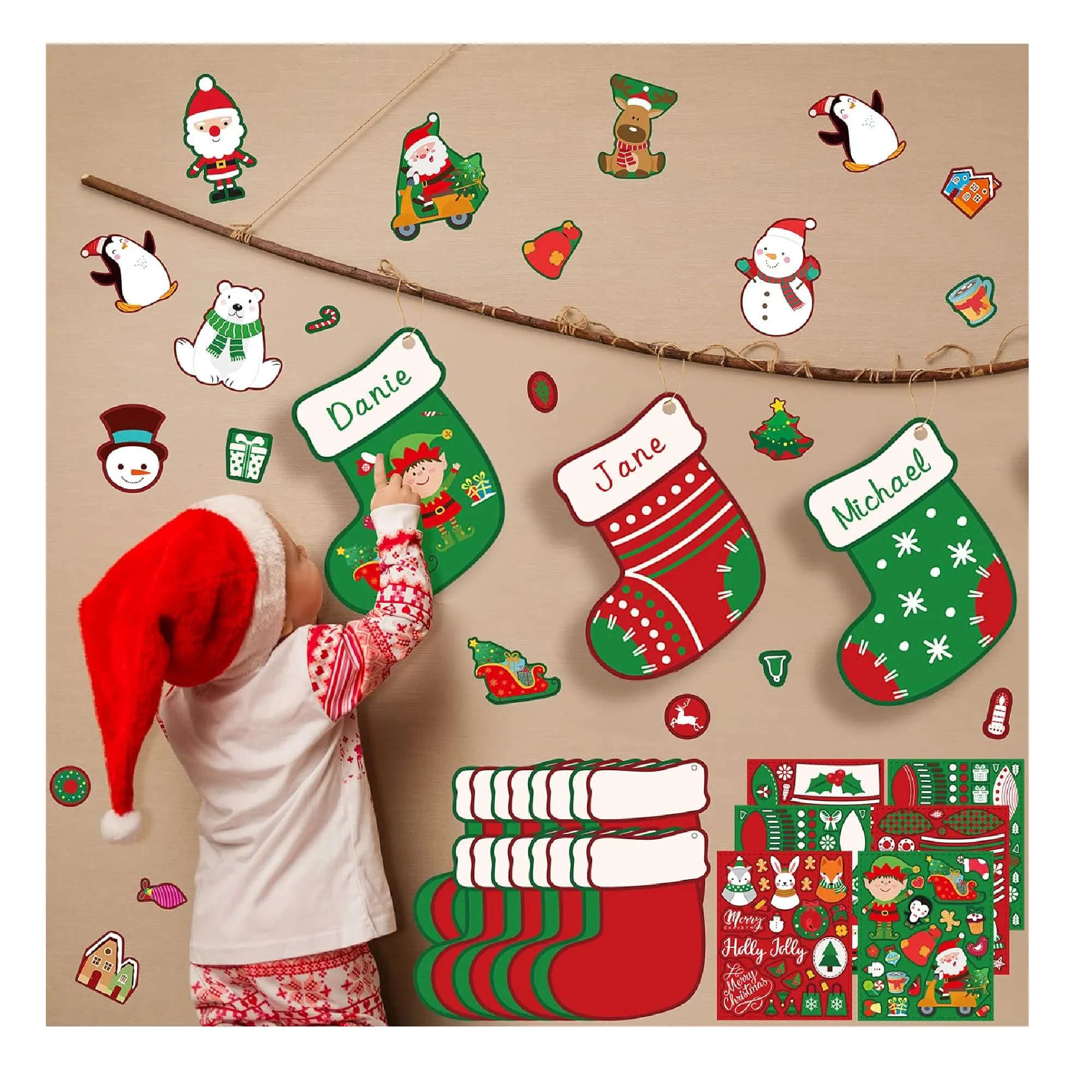 7 x 8 Inch Large 24 Pcs Christmas Cutouts and 12 Pcs Stickers for Kids Christmas Stockings Crafts DIY Xmas Stocking Cutouts Mini Christmas Stocking Paper Cuts for Classroom Bulletin Board Supplies