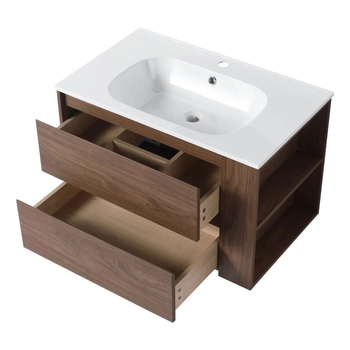 Allsumhome 30" Wall Mounting Floating Bathroom Vanity With Gel Sink,Brown Oak Finish,Soft Close Drawer