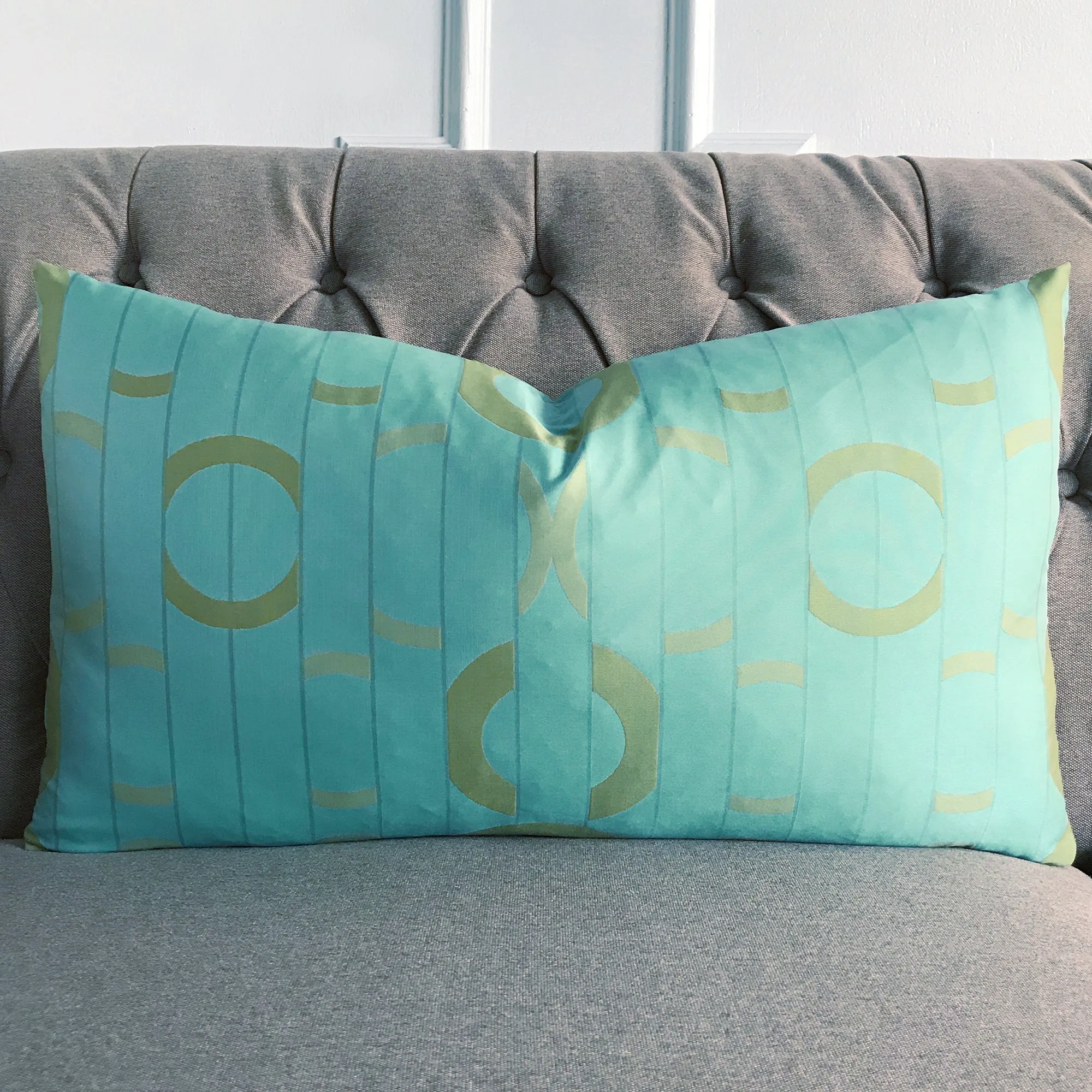 Aquamarine Turquoise Gold Geometric Woven Lumbar Pillow Cover 15x26