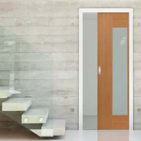 Axis Shaker Oak Single Evokit Pocket Door - Clear Glass - Prefinished