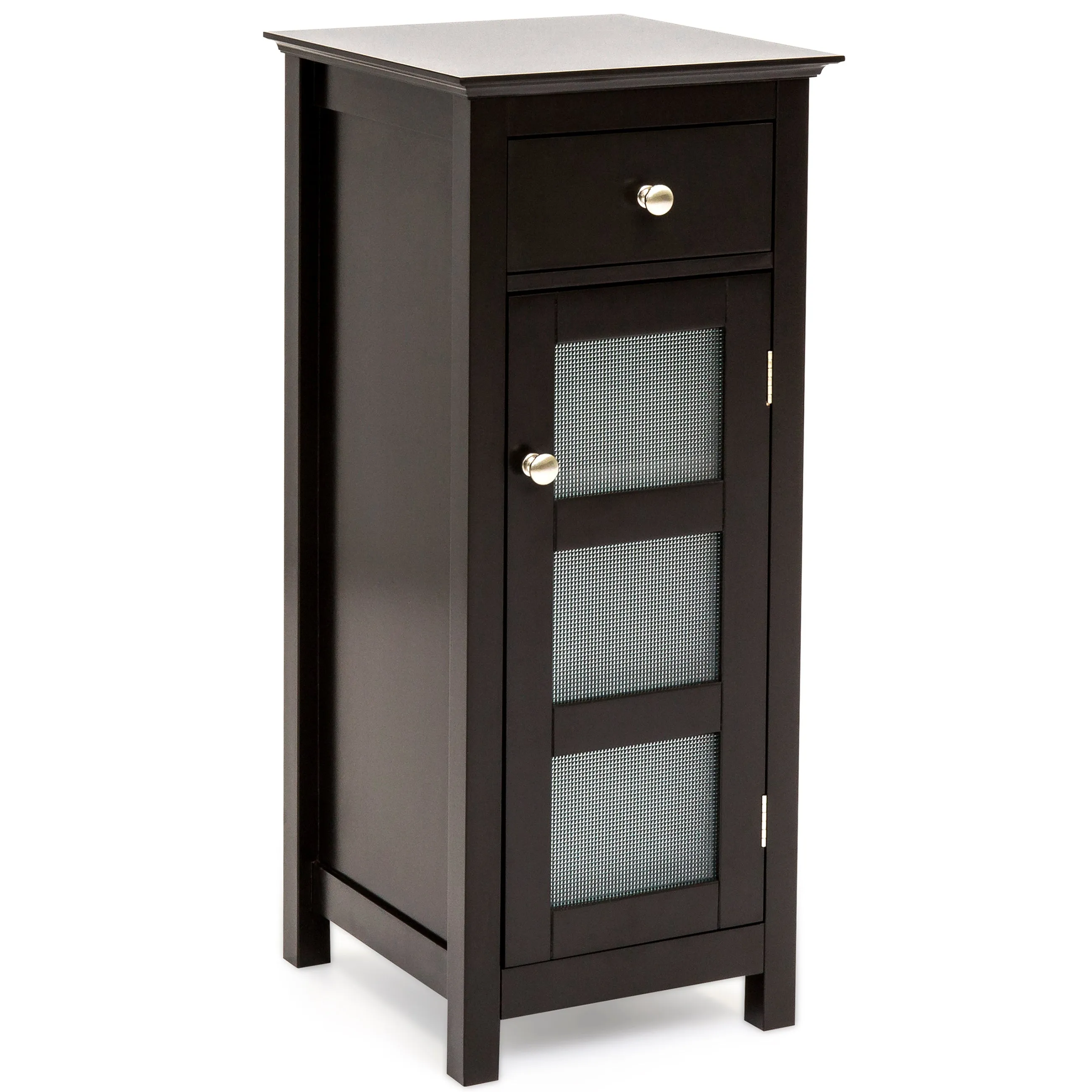 Bathroom Storage Floor Cabinet w/ 3 Shelves, Tempered Glass Double Doors