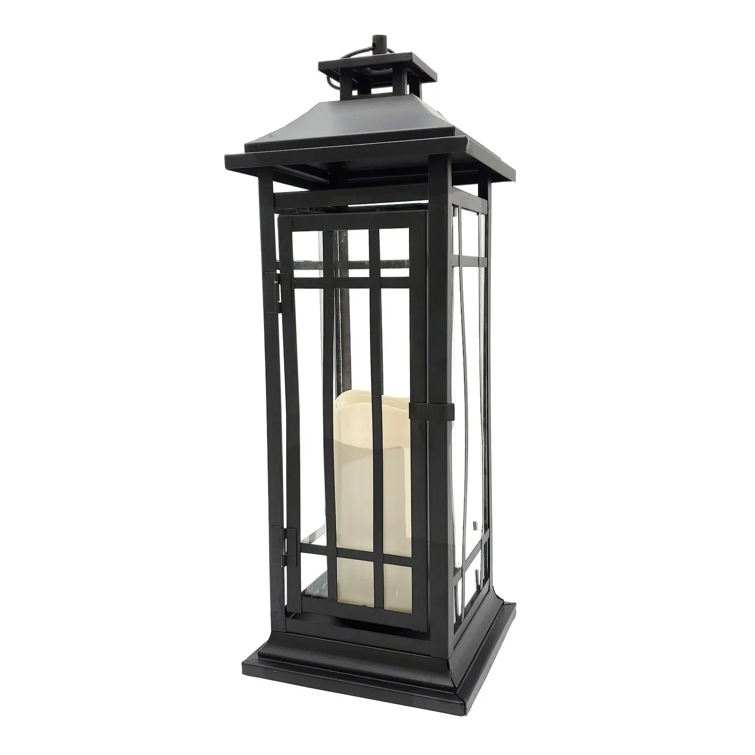 Battery Operated Metal Lantern with LED Candle - Black Window