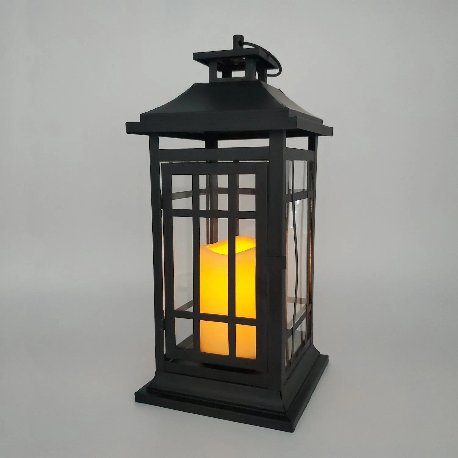 Battery Operated Metal Lantern with LED Candle - Black Window