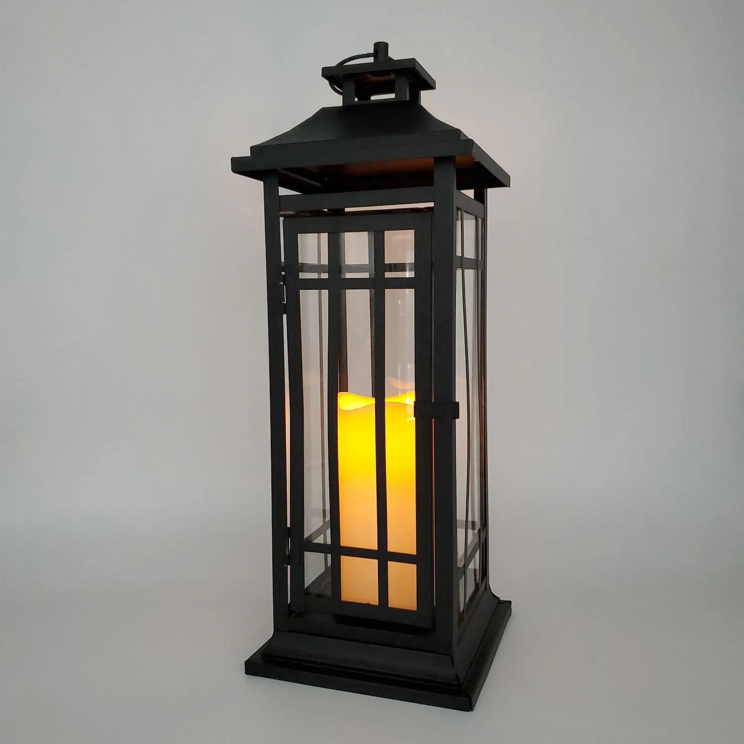 Battery Operated Metal Lantern with LED Candle - Black Window