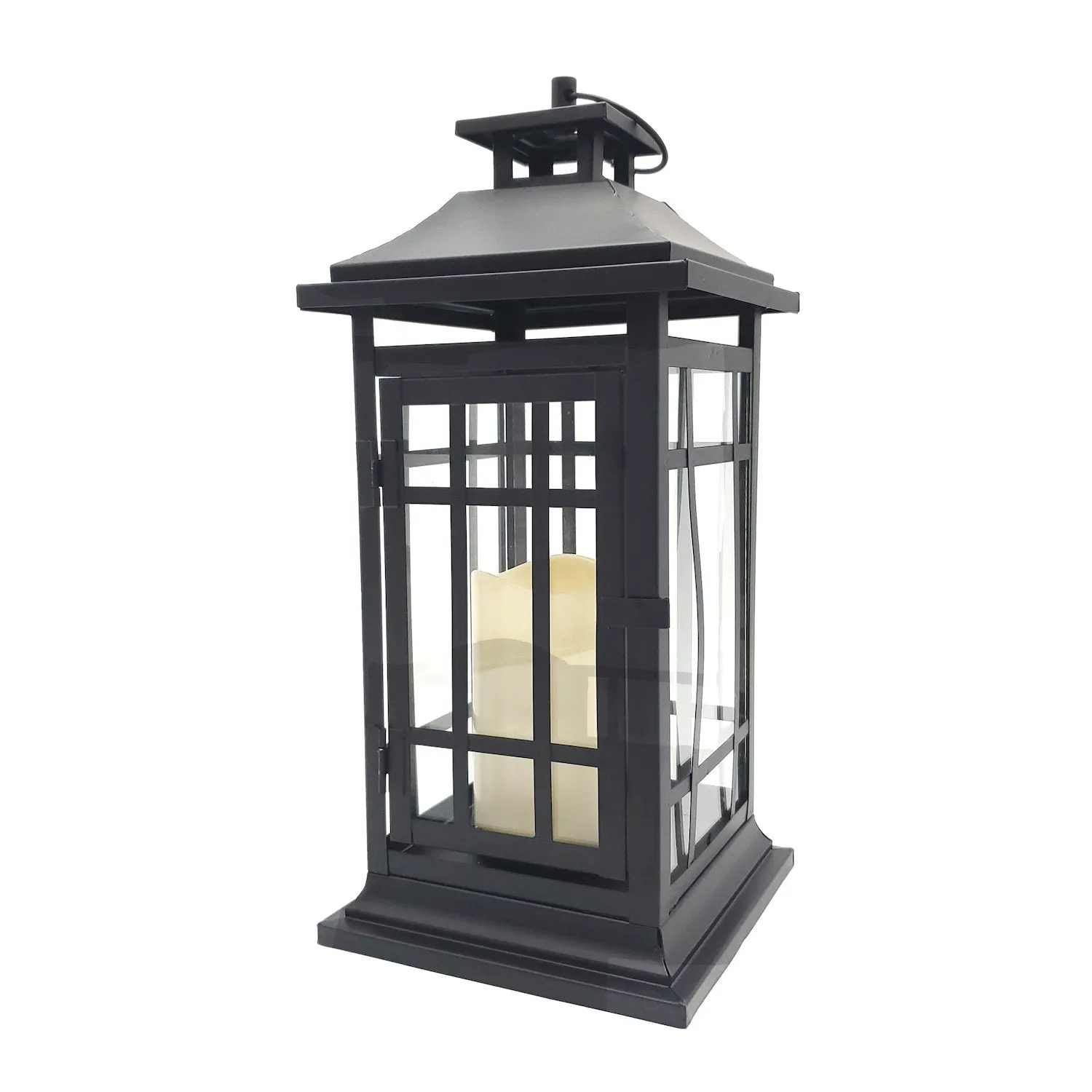 Battery Operated Metal Lantern with LED Candle - Black Window