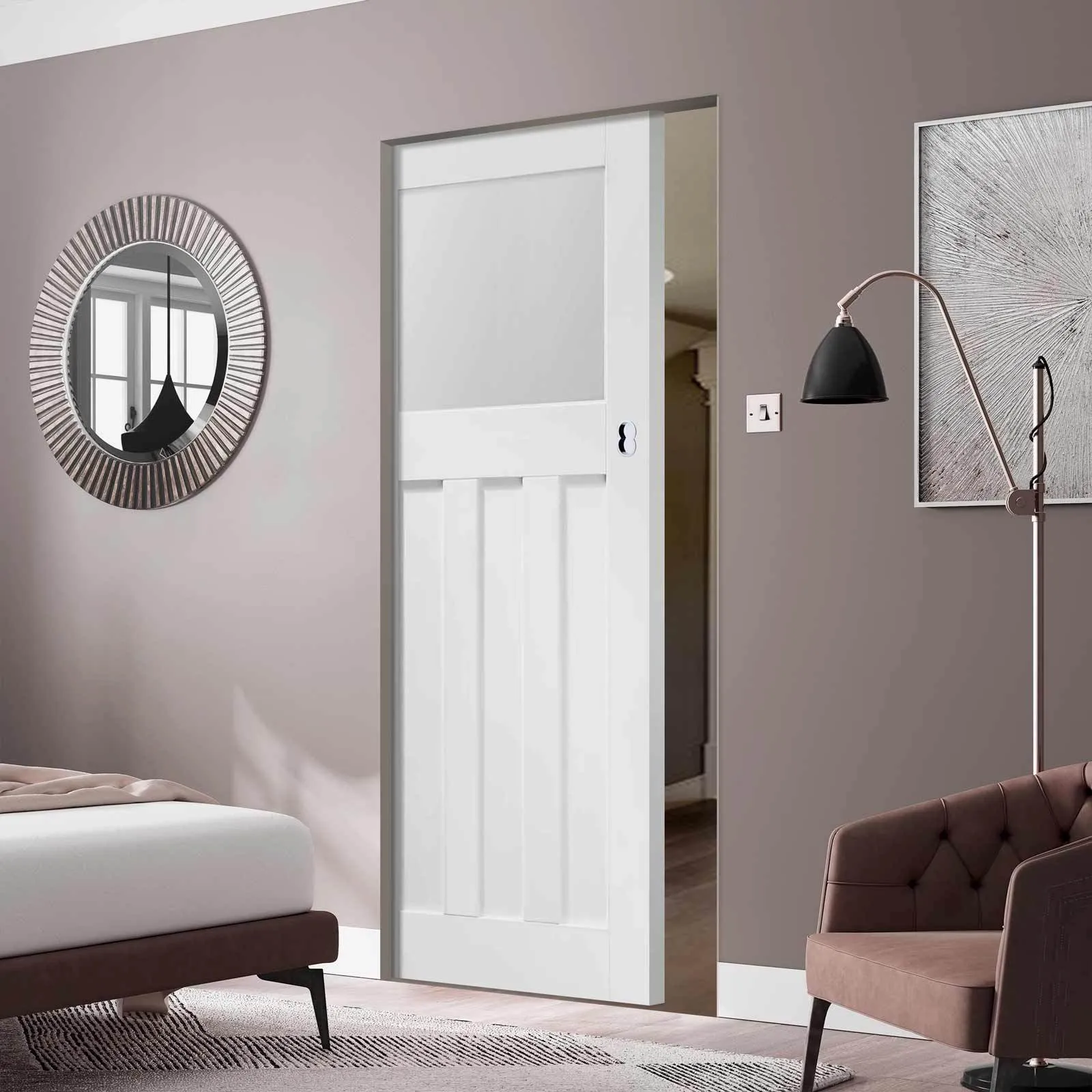 Bespoke DX 1930's White Primed Glazed Single Frameless Pocket Door