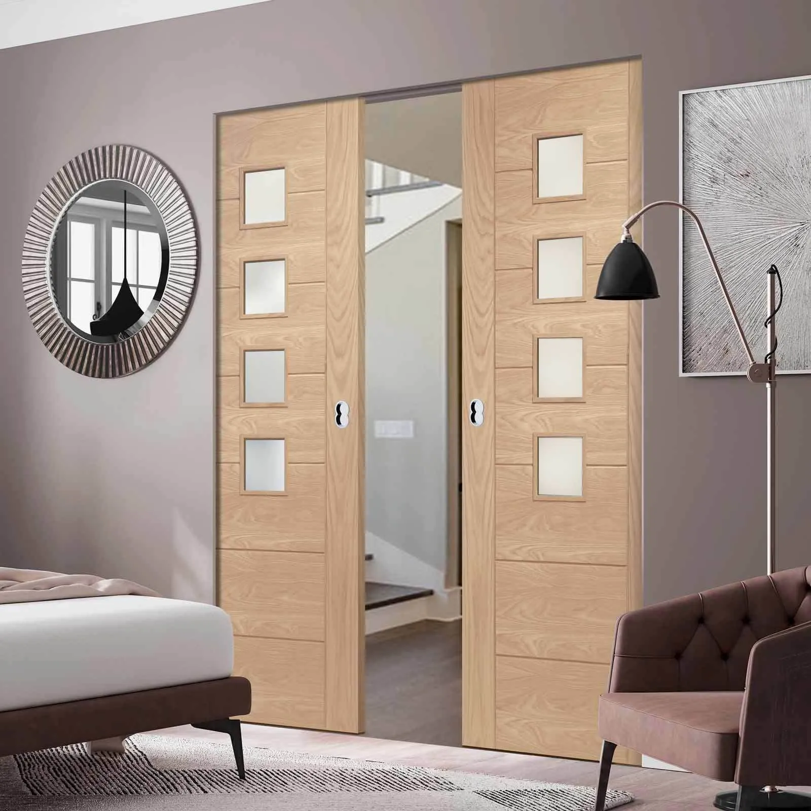 Bespoke Palermo Oak Glazed Double Frameless Pocket Door - Prefinished