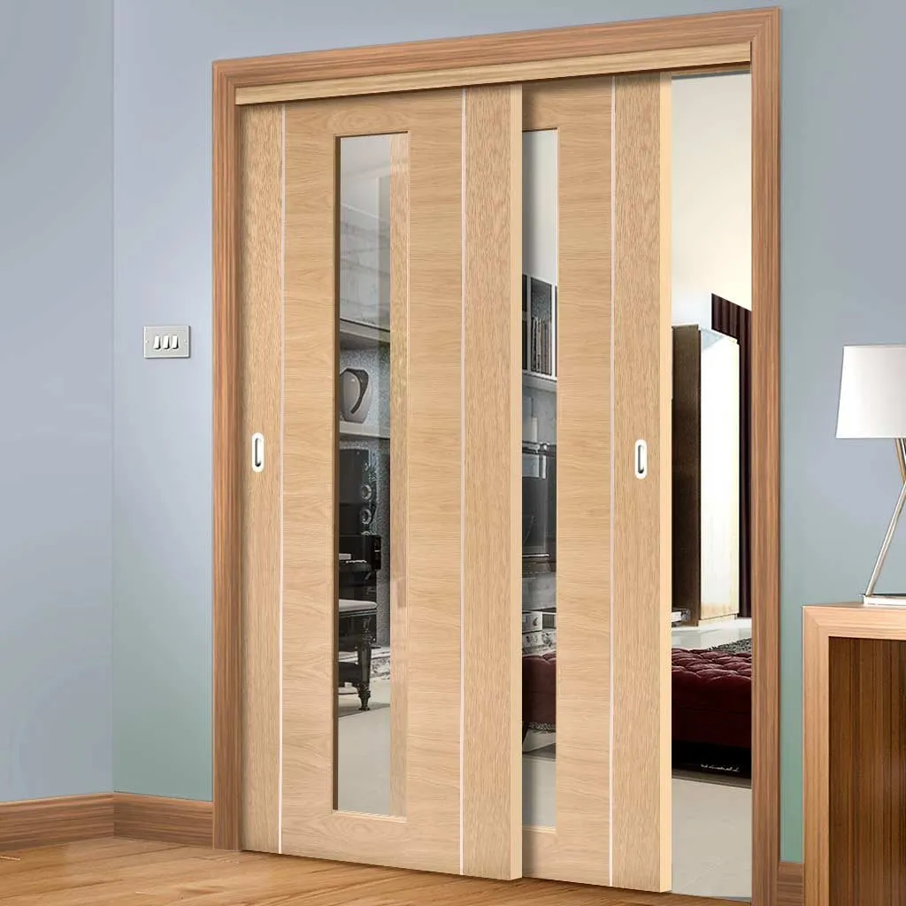 Bespoke Pass-Easi Forli Oak Glazed - 2 Sliding Doors and Frame Kit - Aluminium Inlay - Prefinished