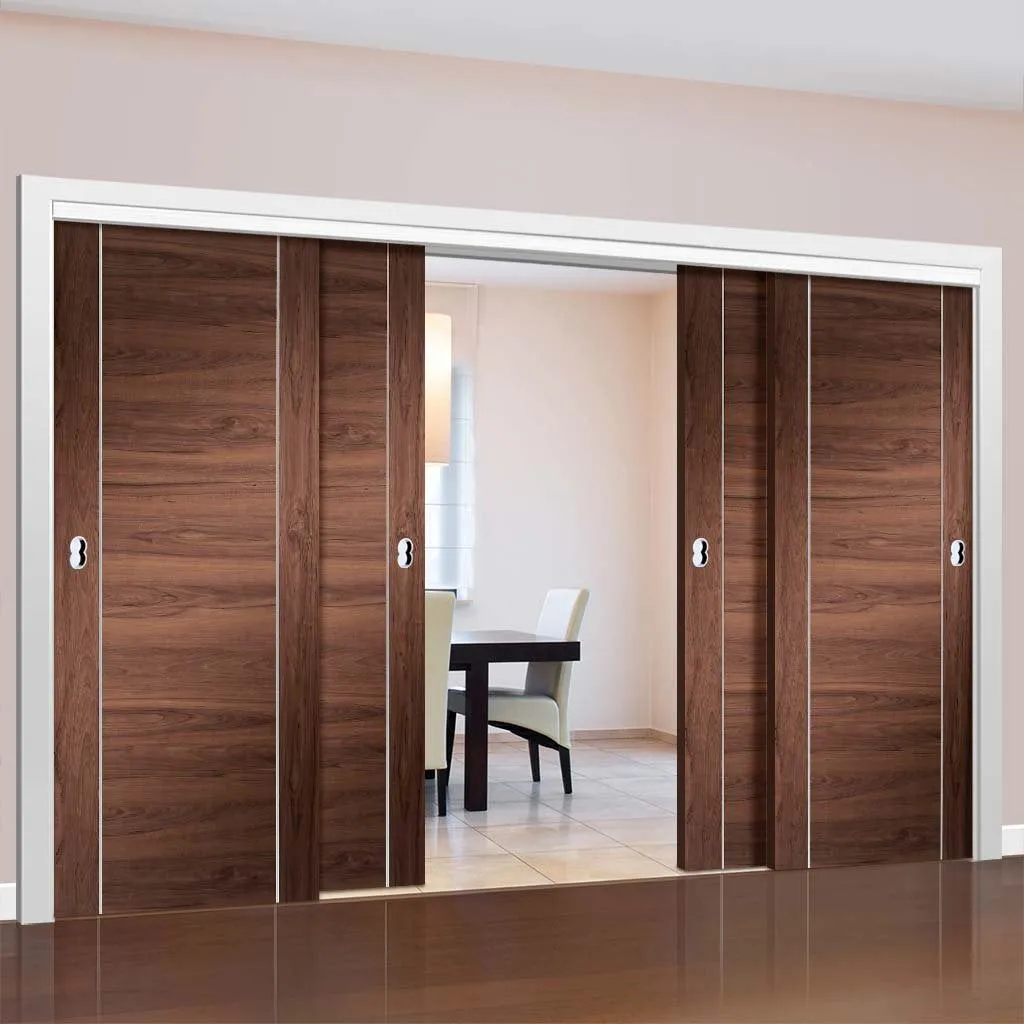 Bespoke Pass-Easi Forli Walnut Flush - 4 Sliding Doors and Frame Kit - Aluminium Inlay - Prefinished