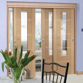 Bespoke Pass-Easi Portici Oak Glazed - 3 Sliding Doors and Frame Kit - Aluminium Inlay - Prefinished