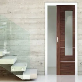 Bespoke Portici Walnut Glazed Single Pocket Door - Aluminium Inlay - Prefinished