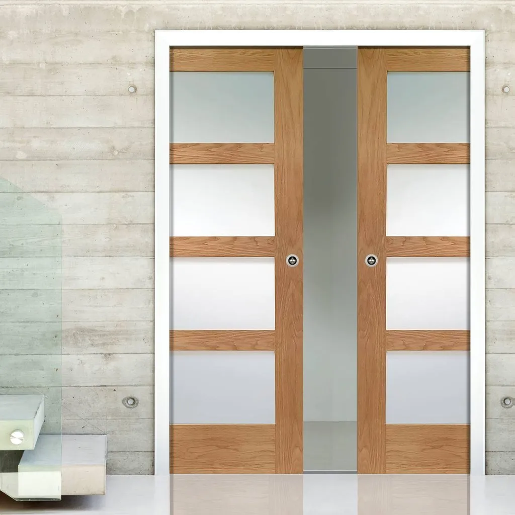 Bespoke Shaker Oak 4L Glazed Double Pocket Door - Prefinished