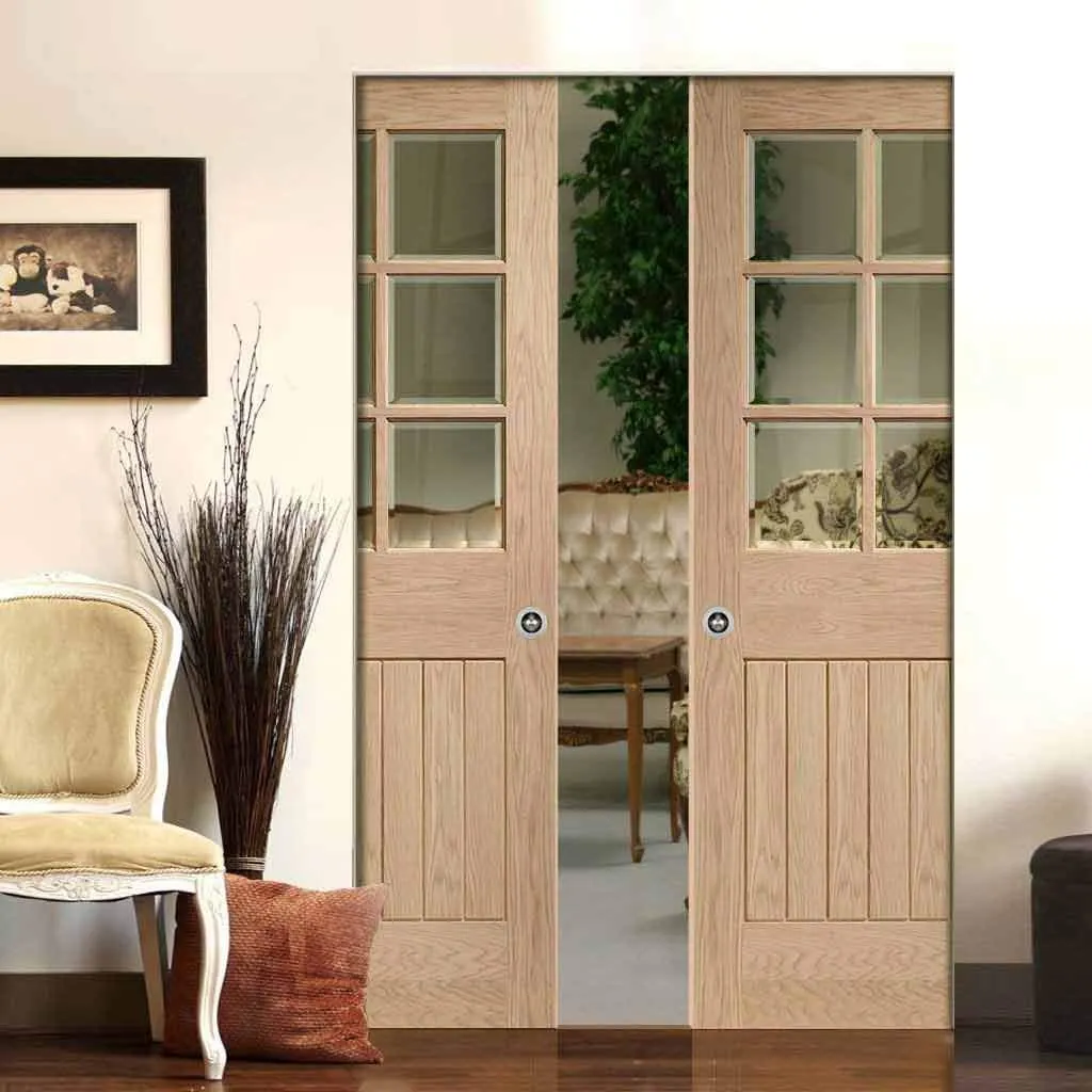 Bespoke Suffolk Oak 6L Glazed Double Frameless Pocket Door - Prefinished