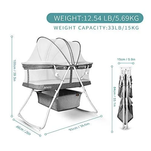 besrey Baby Bassinets, 3 in 1 Portable Bassinet, Rocking Bed with Harmless Mattress, Quick-Fold for Newborn Girl Boy Infant up to 33 lb