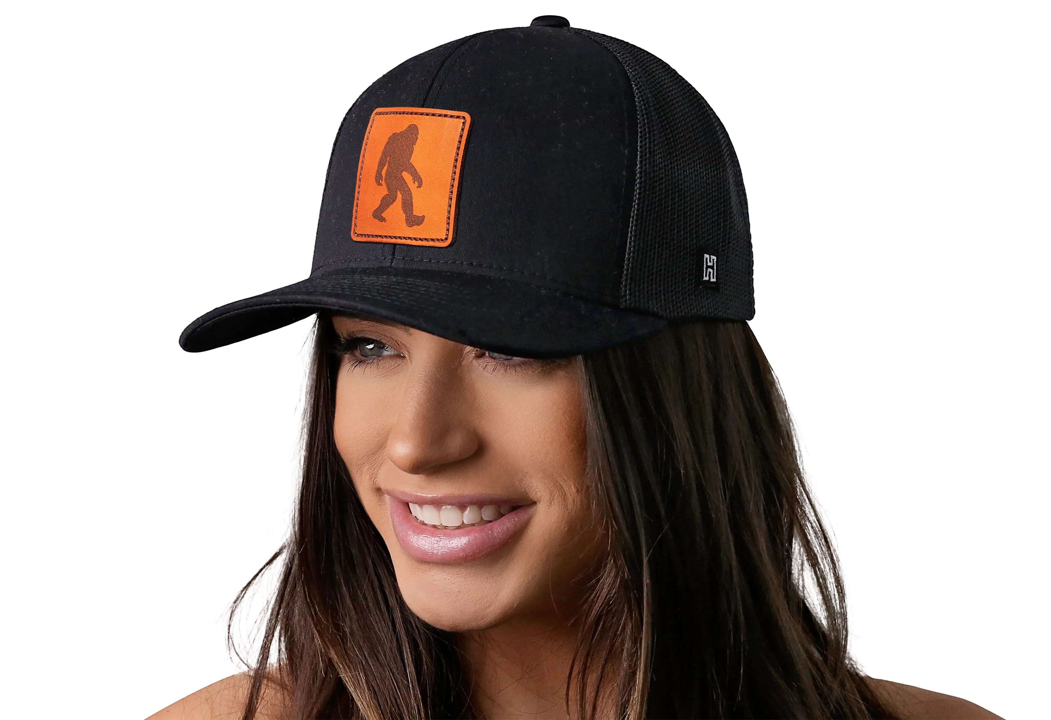 Bigfoot Trucker Hat Leather  |  Black Sasquatch Snapback