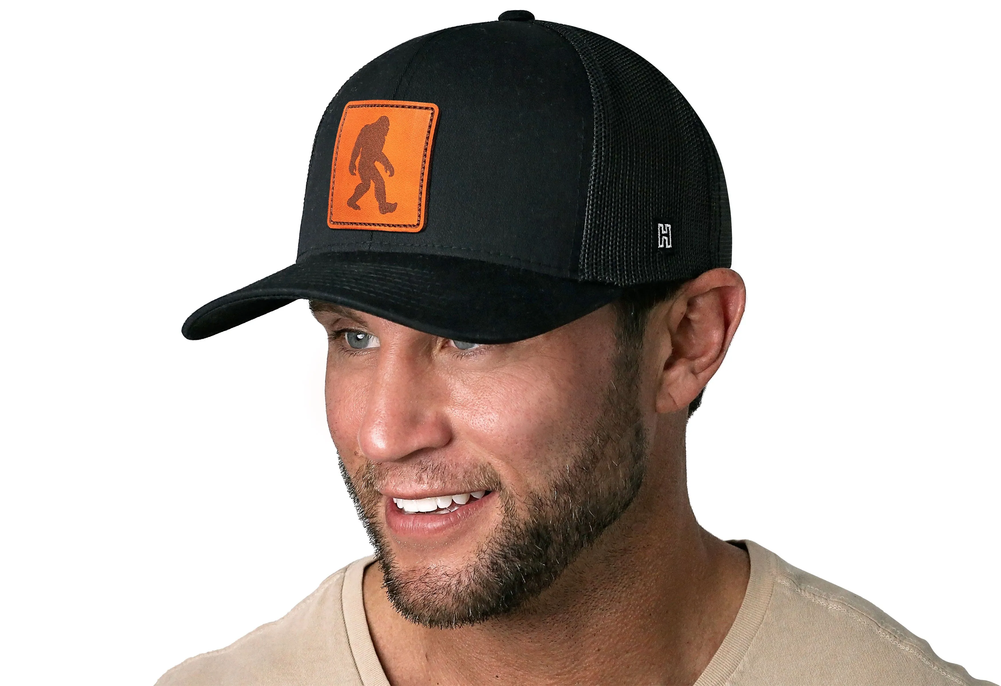 Bigfoot Trucker Hat Leather  |  Black Sasquatch Snapback