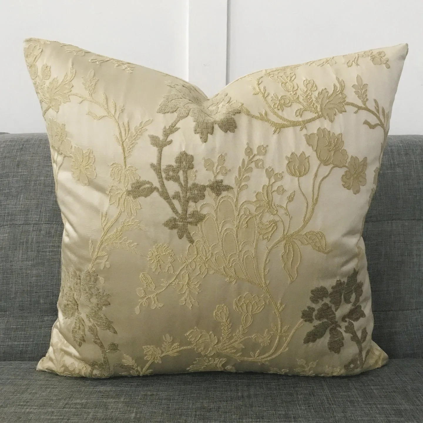 Champagne Silk Botanical Brocade Throw Pillow Cover 20x20