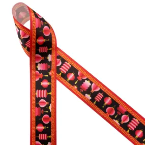 Chinese Lantern Ribbon Lunar New Year pink lanterns on a black background with a red greek key border printed on 1.5" white satin