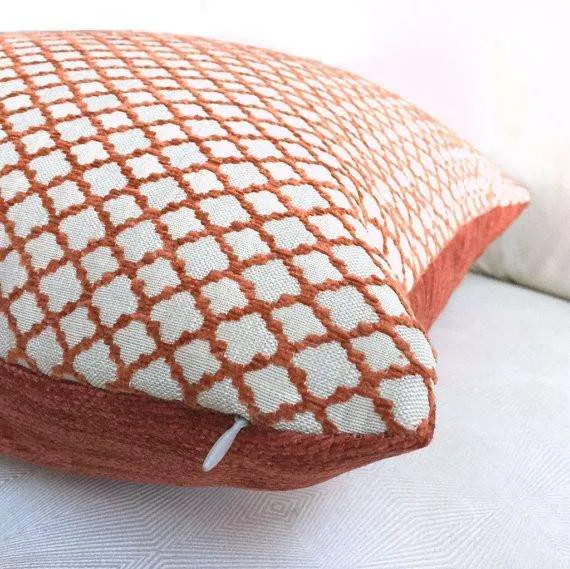 (CLEARANCE) Designer Orange Cream Geometric Small Diamond Lattice Fretwork Pillow Cover