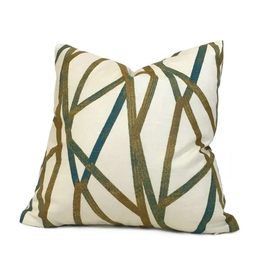 (CLEARANCE) Trevi Modern Abstract Lines Teal Cream Mustard Gold Cotton Print Pillow Cover