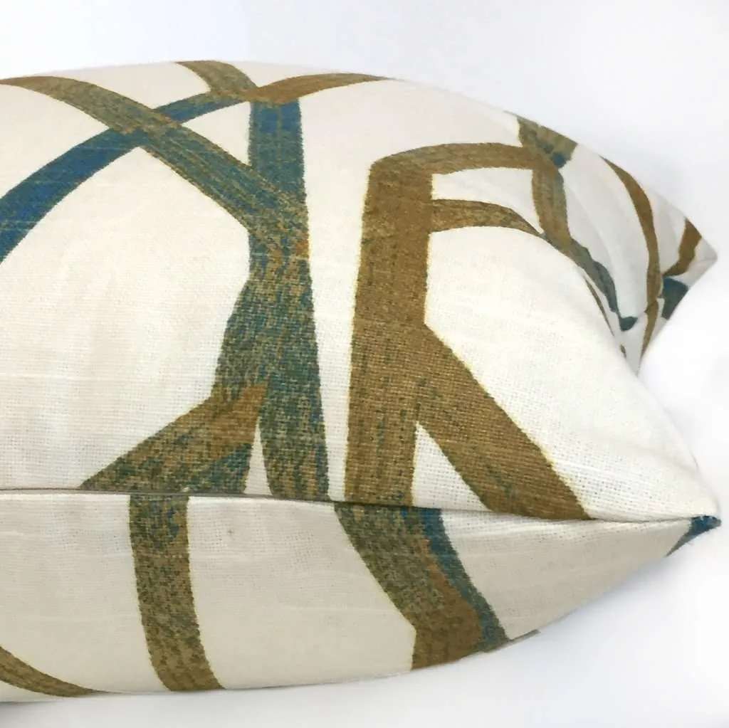 (CLEARANCE) Trevi Modern Abstract Lines Teal Cream Mustard Gold Cotton Print Pillow Cover