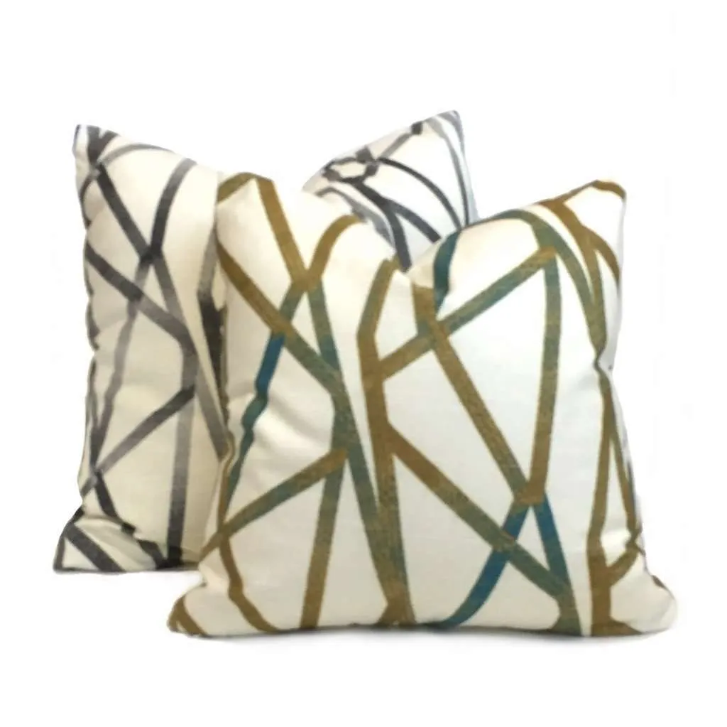 (CLEARANCE) Trevi Modern Abstract Lines Teal Cream Mustard Gold Cotton Print Pillow Cover