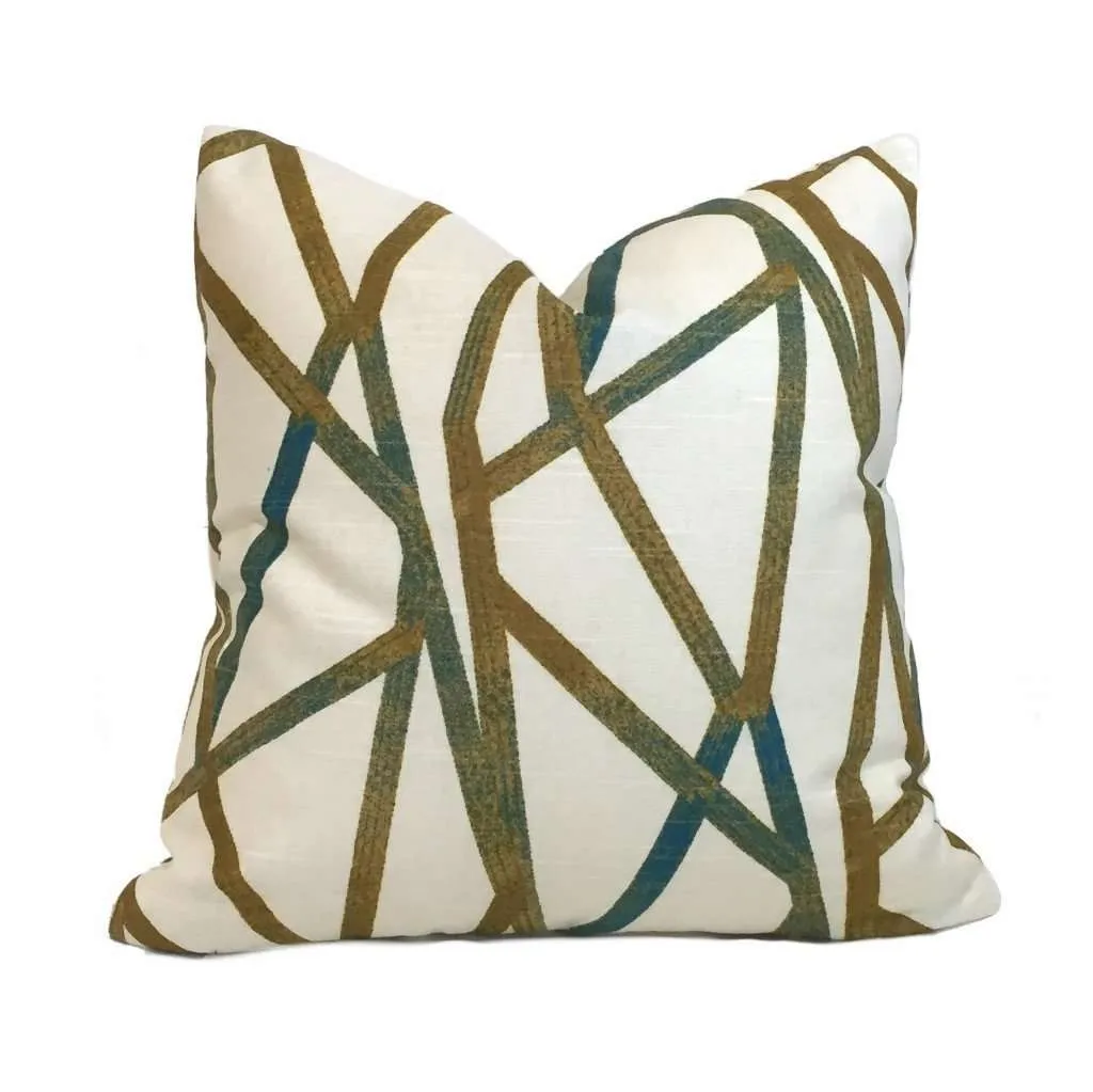 (CLEARANCE) Trevi Modern Abstract Lines Teal Cream Mustard Gold Cotton Print Pillow Cover