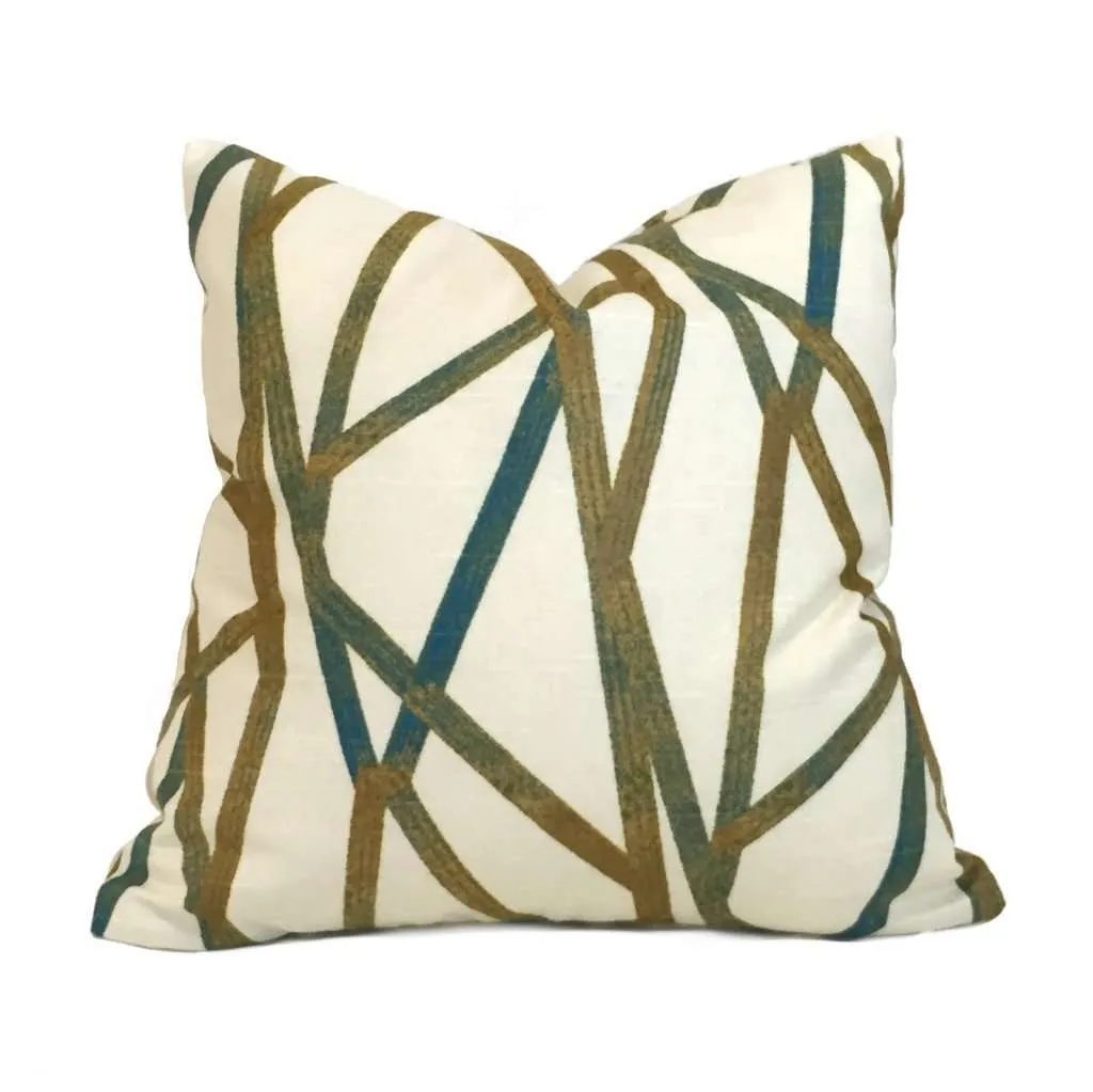 (CLEARANCE) Trevi Modern Abstract Lines Teal Cream Mustard Gold Cotton Print Pillow Cover