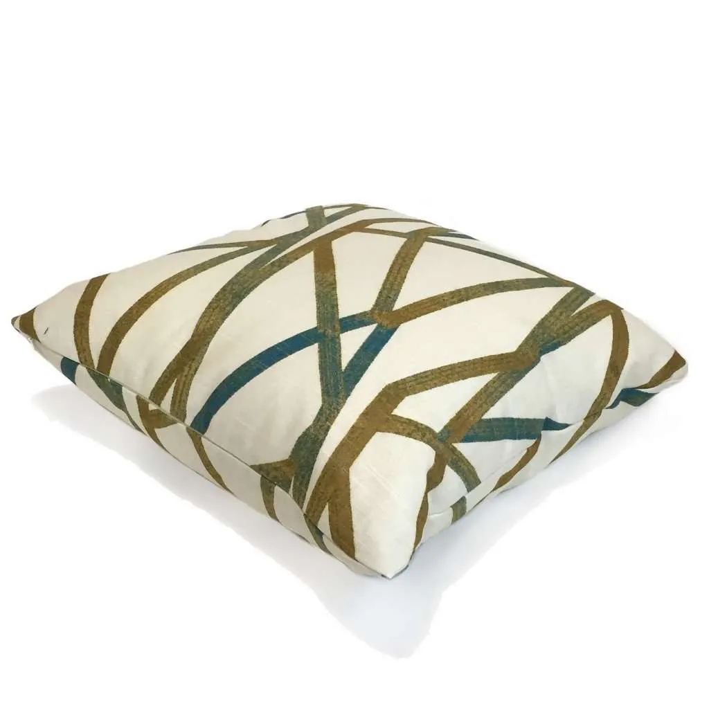 (CLEARANCE) Trevi Modern Abstract Lines Teal Cream Mustard Gold Cotton Print Pillow Cover