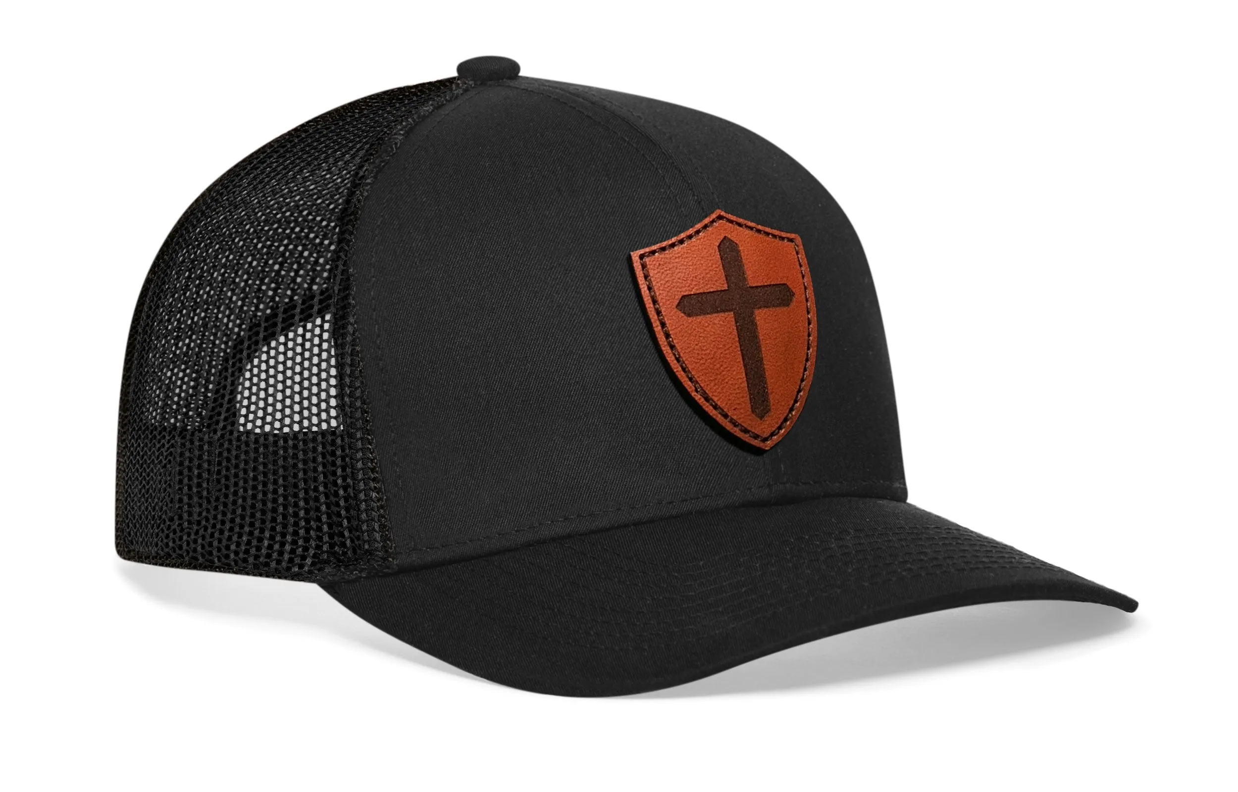 Cross Trucker Hat Shield Leather  |  Black Christian Snapback