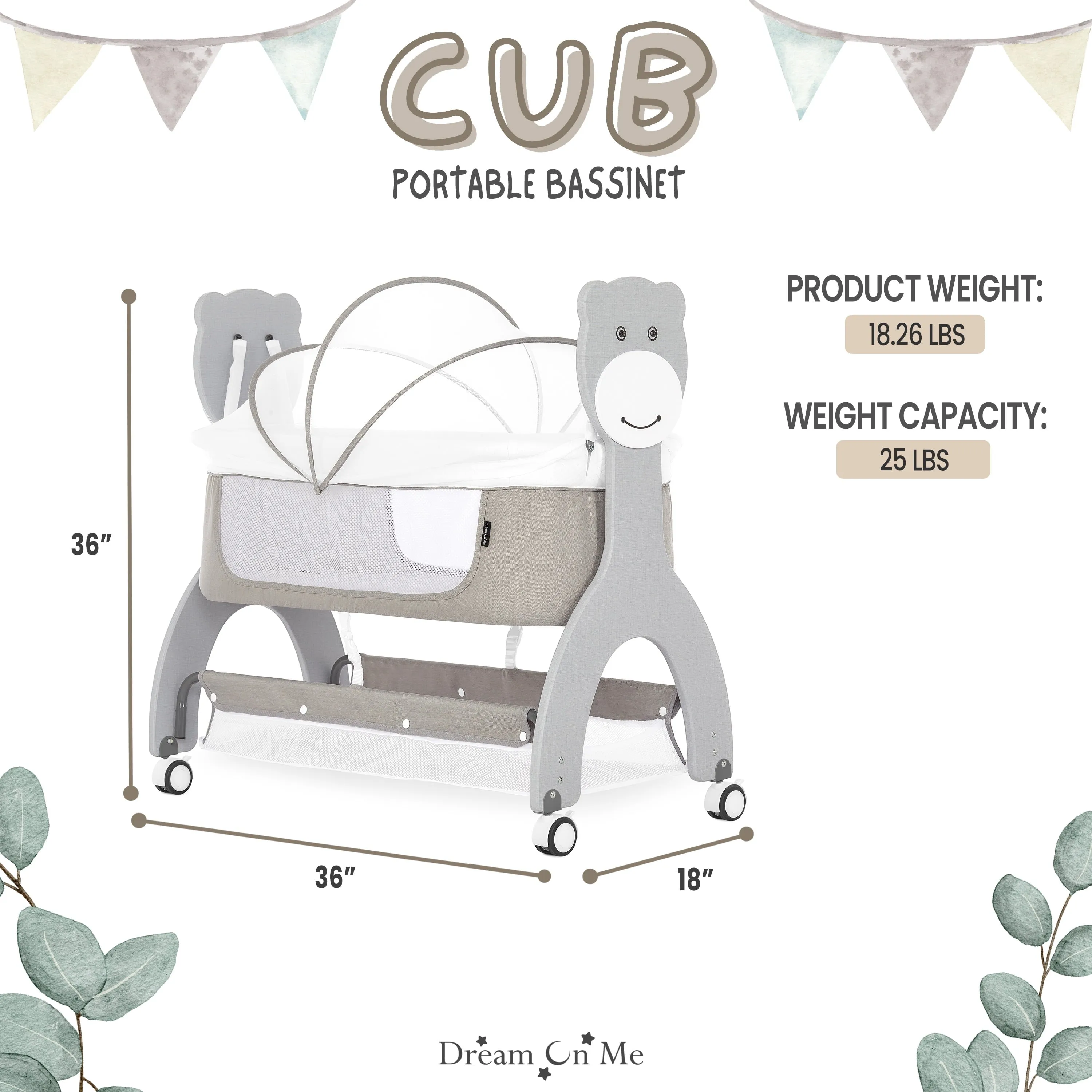 Cub Portable Bassinet in Grey, Multi-Use Baby Bassinet with Locking Wheels