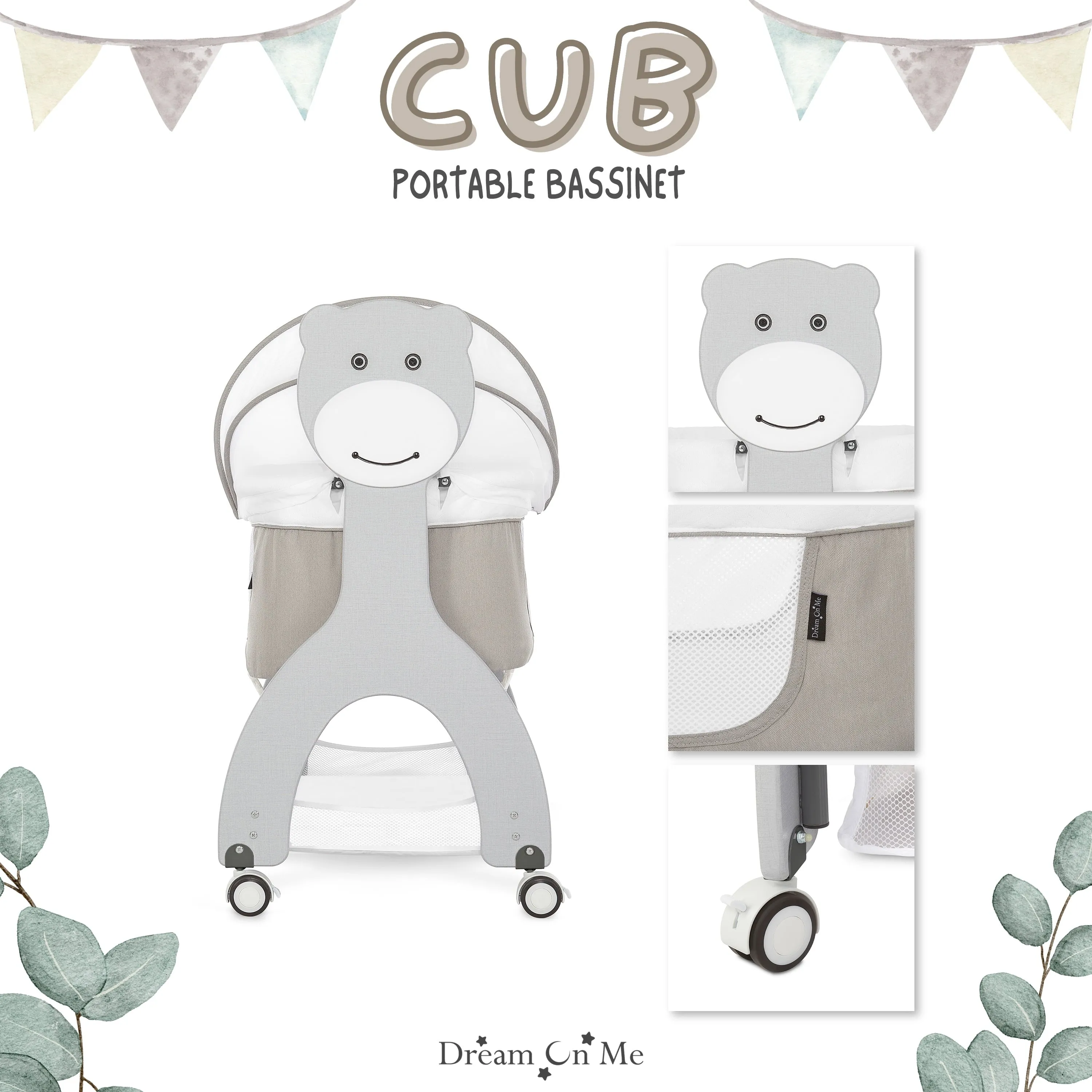 Cub Portable Bassinet in Grey, Multi-Use Baby Bassinet with Locking Wheels