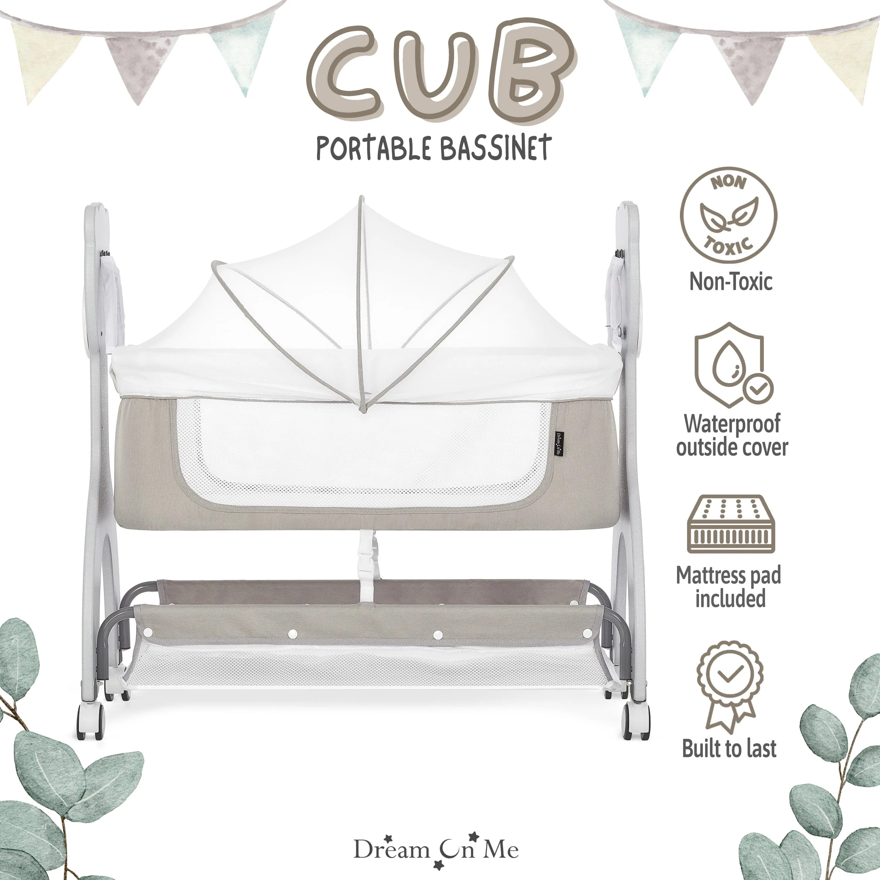 Cub Portable Bassinet in Grey, Multi-Use Baby Bassinet with Locking Wheels