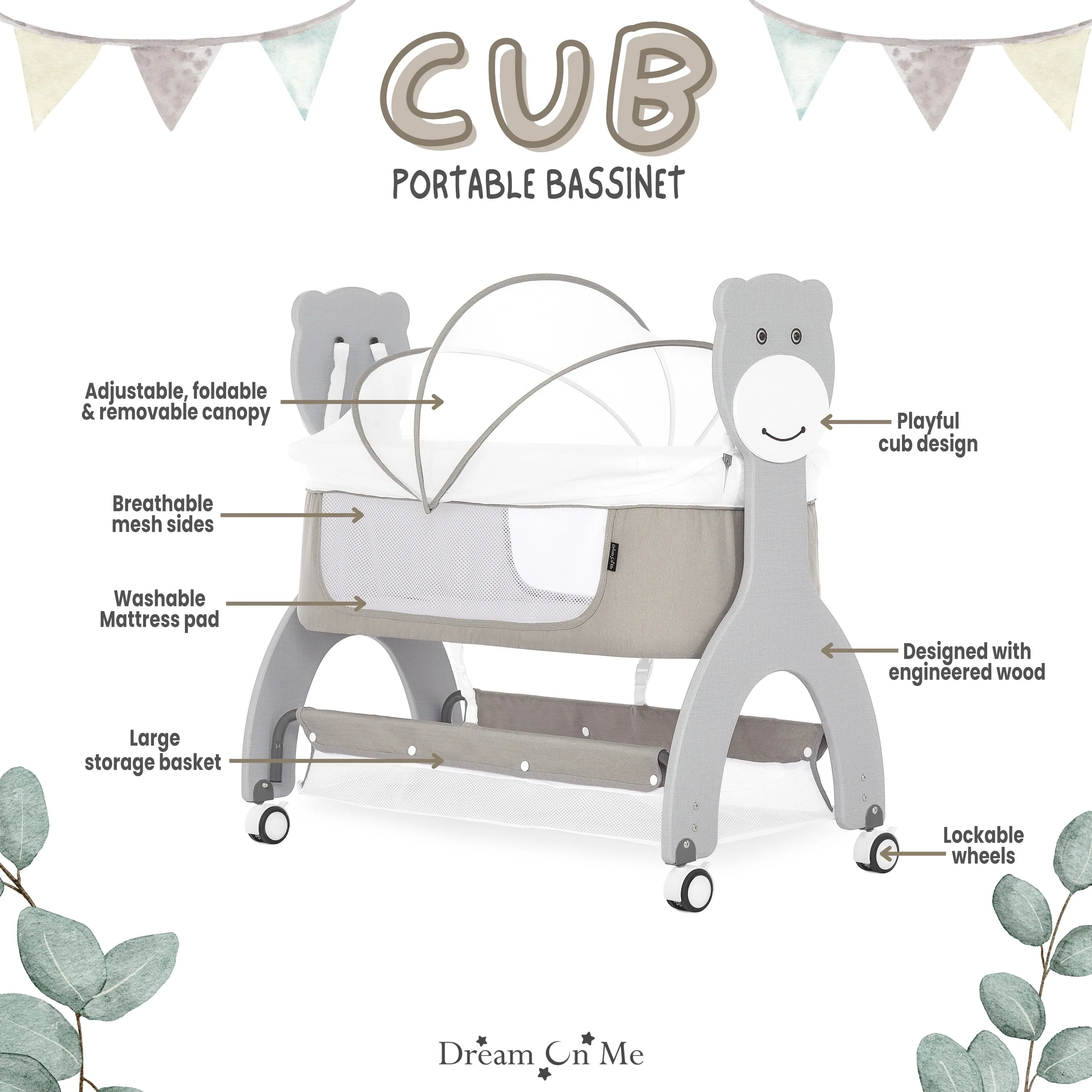 Cub Portable Bassinet in Grey, Multi-Use Baby Bassinet with Locking Wheels