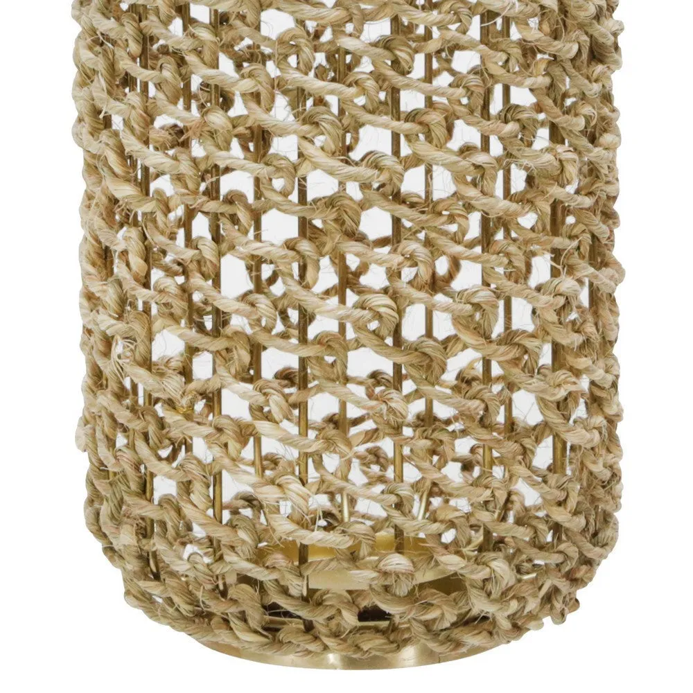 Cylindrical Rattan Lantern with Metal Frame and Handle,Large,Brown and Gold By Casagear Home