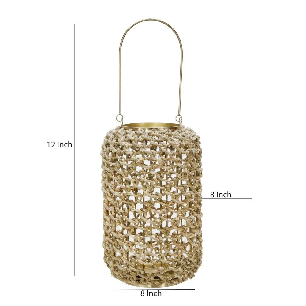 Cylindrical Rattan Lantern with Metal Frame and Handle,Large,Brown and Gold By Casagear Home