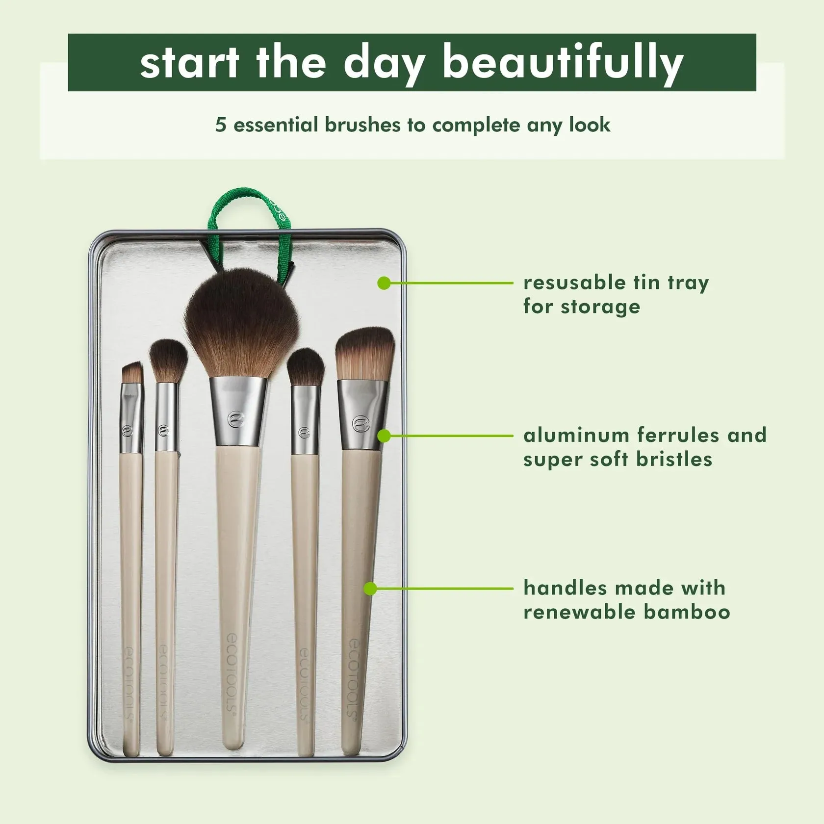 ECOTOOLS clean beauty clean planet start the day beautifully 5 esential brush with strong tin for your daily beauty rotine مجموعة اساسيات فرش المكياج من ايكو تولز