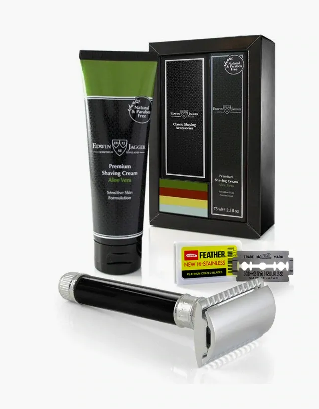 Edwin Jagger - Boxed Gift Set, Double Edge Safety Razor, Imitation Ebony With Aloe Vera Shaving Cream 75ml Tube, Feather Blade