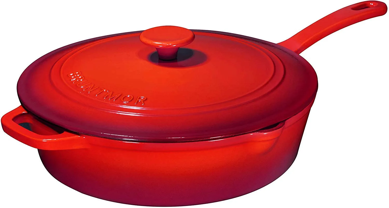 Enameled Cast Iron 3 Piece Bundle Gift Set, Braiser Pan, Dutch Oven, Chicken Fryer