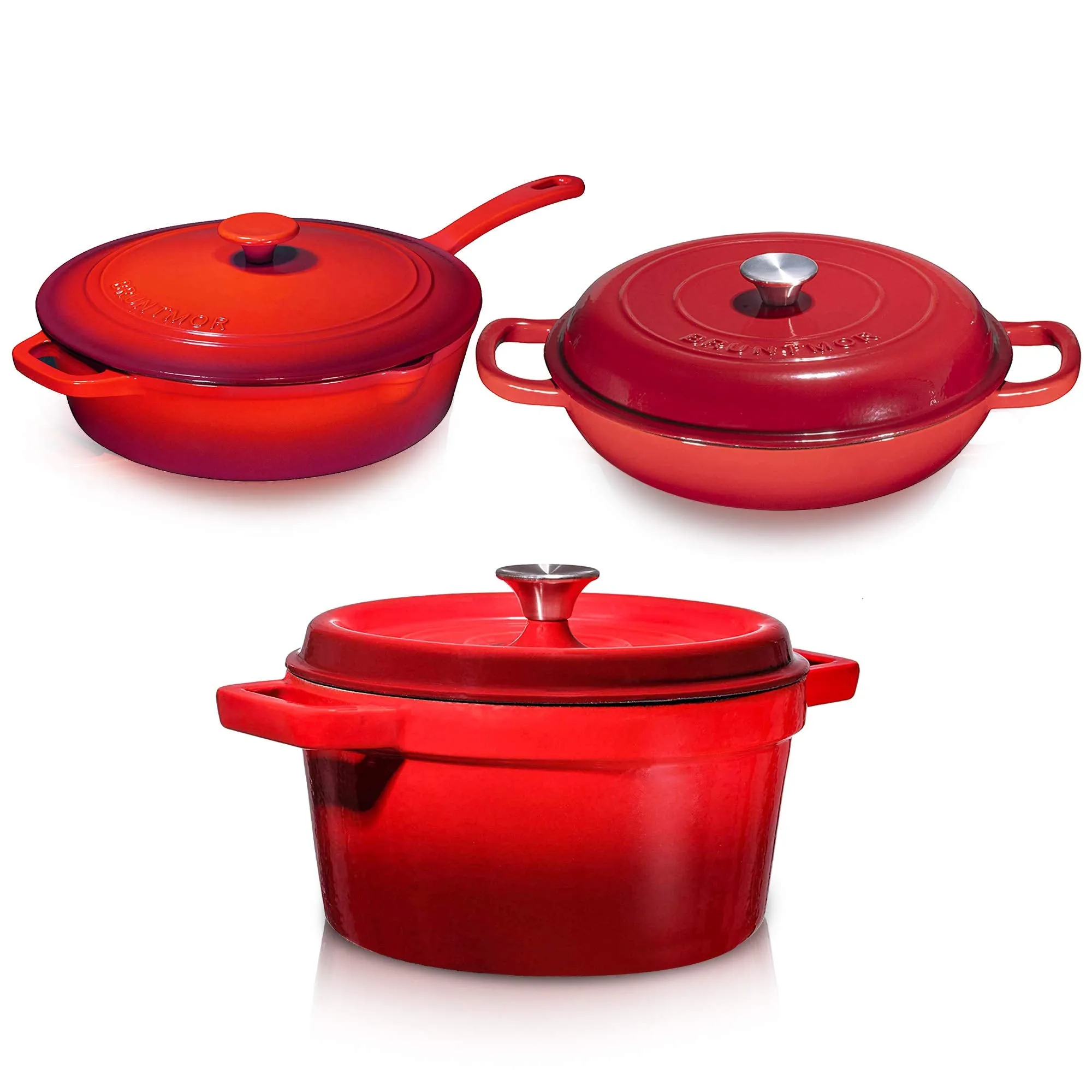 Enameled Cast Iron 3 Piece Bundle Gift Set, Braiser Pan, Dutch Oven, Chicken Fryer