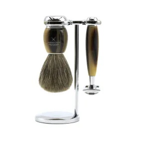 Fendrihan 3-Piece Shaving Set with Safety Razor and Pure Badger Brush, Faux Horn