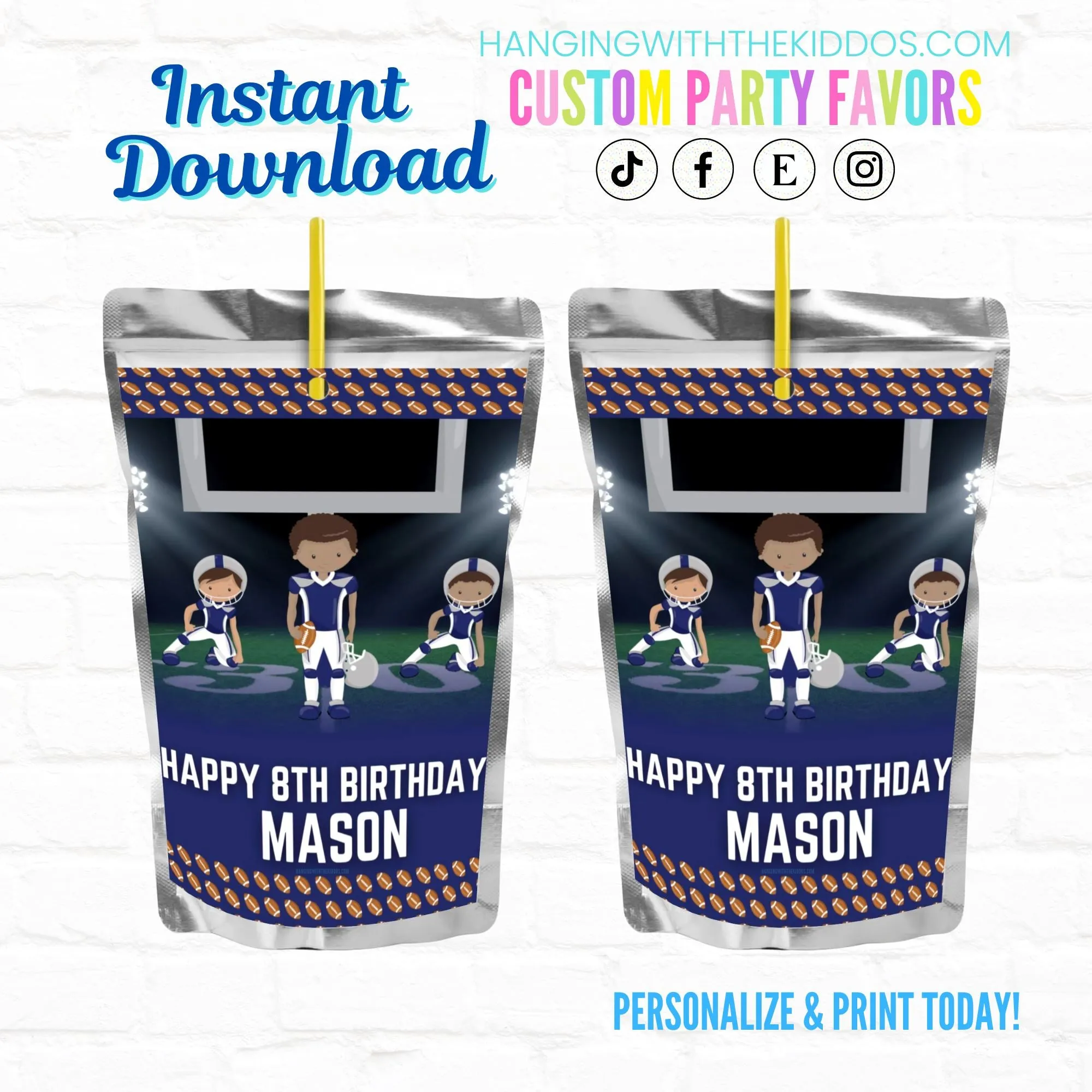 Football Party Personalized Juice Pouch Labels|Printable File